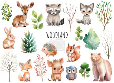 Illustration for Woodland animals. Set of wild watercolor forest animals. Green trees and plants. Bear, fox, deer, boar, hedgehog. - Royalty Free Image