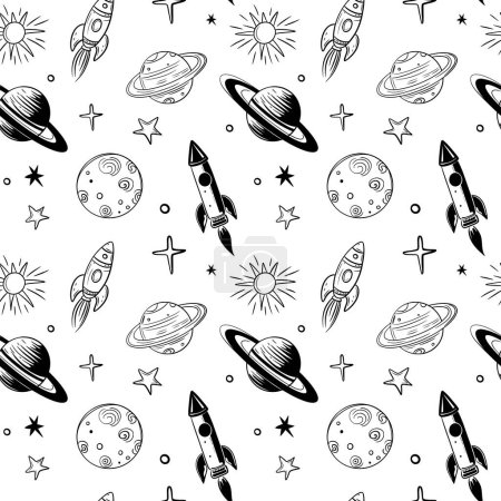 Illustration for Monochrome seamless pattern with planets and rocket. Space background. Hand drawn space elements. - Royalty Free Image
