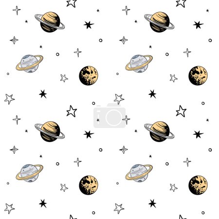 Illustration for Seamless pattern with stars and planets. Space background. Doodle space elements. - Royalty Free Image