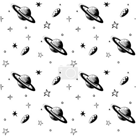 Ilustración de Patrón monocromo sin costura con meteorito y planeta. Fondo espacial. Elementos espaciales. - Imagen libre de derechos