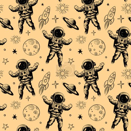 Illustration for Monochrome seamless pattern with planets and astronaut. Space background. Space elements. - Royalty Free Image