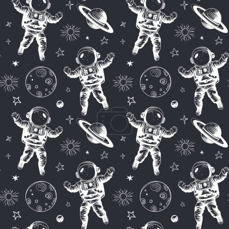 Illustration for Monochrome seamless pattern with planets and astronaut. Space background. Space elements. - Royalty Free Image