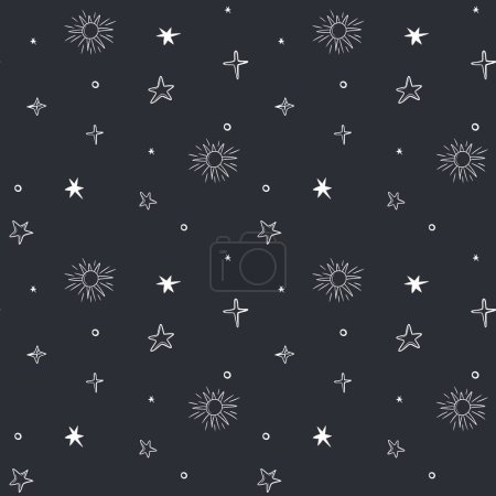 Illustration for Monochrome seamless pattern with stars and sun. Space background. Space elements. - Royalty Free Image