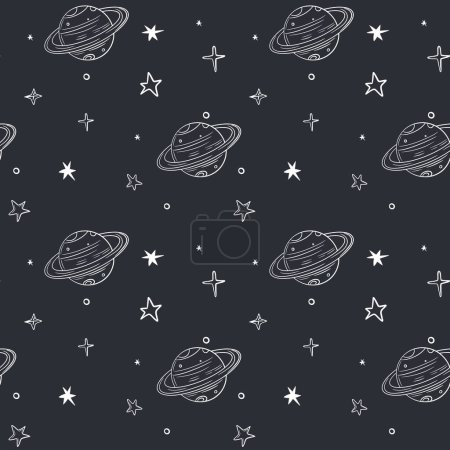 Illustration for Monochrome seamless pattern with stars and planet. Space background. Space elements. - Royalty Free Image