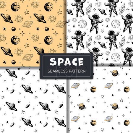 Ilustración de Conjunto de patrones de espacio monocromáticos. Patrón sin fisuras con planetas astronautas y estrellas. Fondos espaciales. - Imagen libre de derechos