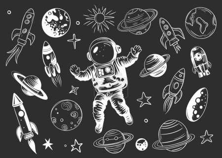 Illustration for Hand drawn space elements. Monochrome set of space objects doodles - Royalty Free Image