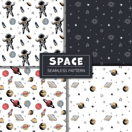 Illustration for Set of monochrome space patterns. Seamless pattern with planets astronaut and stars. Space backgrounds. - Royalty Free Image