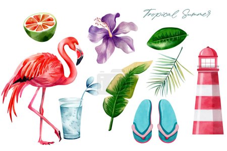 Watercolor tropical set. Hand drawn summertime clipart. Summer elements. Exotic flower. Palm leaves.