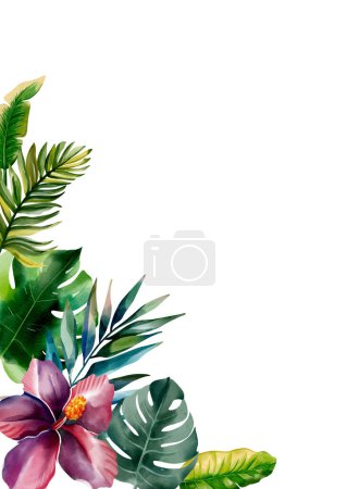 Ilustración de Tropical frame with exotic leaves for party invitations, posters and wedding cards. Watercolor template - Imagen libre de derechos