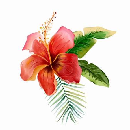 Ilustración de Watercolor tropical flower. Red. Vector bouquet with palm leaves. Exotic foliage, wild floral. - Imagen libre de derechos