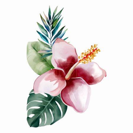 Ilustración de Watercolor tropical flower. Pink. Vector bouquet with palm leaves. Exotic foliage, wild floral. - Imagen libre de derechos