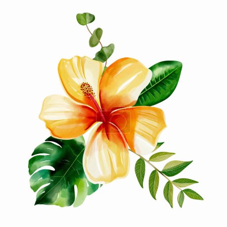 Ilustración de Watercolor tropical flowers. Yellow. Vector bouquet with colorfull leaves. Exotic foliage, wild floral. - Imagen libre de derechos