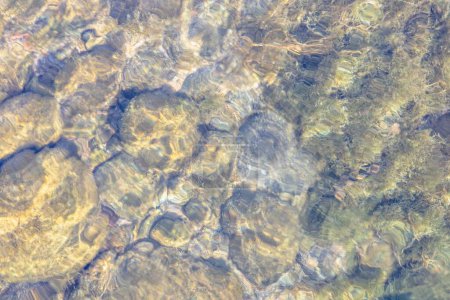 Natürliche Textur in der Natur mit einem natürlichen Muster von Wasserwellen und Steinen am Boden.