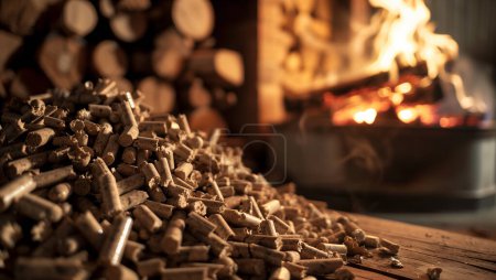 Organic wooden coal made from wood burns in fireplace with central heat pump. Ecological energy