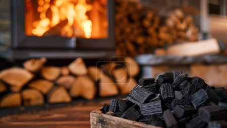 Organic wooden coal made from wood burns in fireplace with central heat pump. Ecological energy