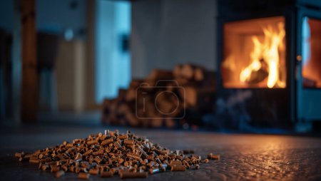 Carbón orgánico de madera hecho de quemaduras de madera en la chimenea con bomba de calor central. Energía ecológica