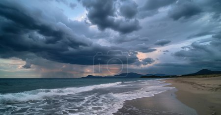 Wide-angle landscape photo featuring a seaside with crashing waves and dramatic sky.