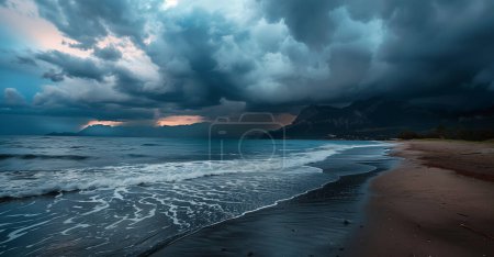 Weitwinkel-Landschaftsfoto mit einem Meer mit krachenden Wellen und dramatischem Himmel.