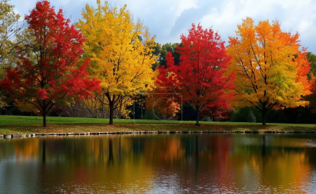 Escena fluvial tranquila con rojos vibrantes, amarillos, verdes y marrones, que representa la belleza de la naturaleza en su forma más vibrante.