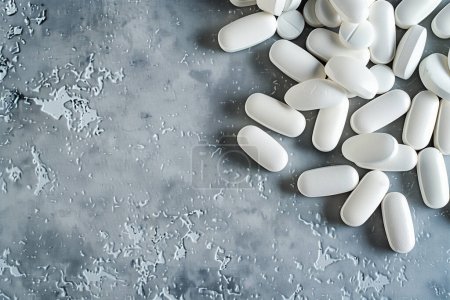 Close-up of scattered white tablets or capsules on a table, high-resolution with space for text or design