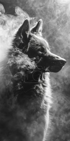 Un loup émergeant de la fumée s'estompe sur un fond noir, parfait pour un portrait de paysage de rêve à une échelle gigantesque. Idéal comme fond d'écran ou poster mural pour la conception