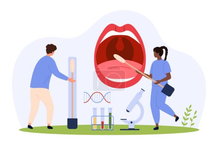 Illustration for DNA tests, paternity genetic research technology vector illustration. Cartoon tiny people holding long buccal cotton swab to take saliva sample from big open mouth of patient, doctors check probes - Royalty Free Image