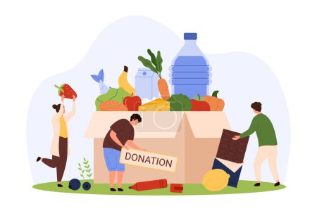 Illustration for Charity and food delivery, charitable social support for poor people and awareness. Tiny volunteers donate help, collect necessary products from grocery store in box cartoon vector illustration - Royalty Free Image