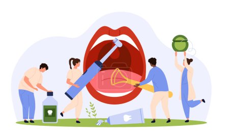 Illustration for Personal hygiene of oral cavity, gums and teeth at home.. Tiny people use tongue scraper, dental floss and electric toothbrush with toothpaste, mouthwash after brushing cartoon vector illustration - Royalty Free Image