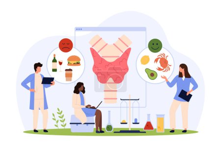 Illustration for Diet for health of endocrine system. Tiny people talk about fastfood dangers, benefits of healthy food and products with iodine for thyroid gland, choose nutrition menu cartoon vector illustration - Royalty Free Image