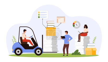 Illustration for Bureaucracy, information storage and office paperwork. Tiny people carrying stack of documents and folders with forklift, research unorganized pages and bigdata chaos cartoon vector illustration - Royalty Free Image