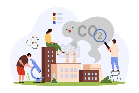 Analysis of impact of greenhouse gases, CO2 emissions and smog on environment. Tiny people with magnifying glass and microscope research cloud of smoke from factory chimney cartoon vector illustration