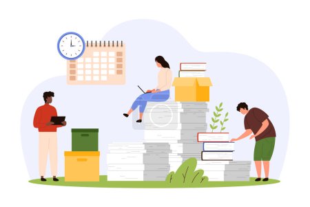 Illustration for Office paperwork organization and data management. Busy tiny people work with big stack of paper documents on storage and administration of unorganized information cartoon vector illustration - Royalty Free Image