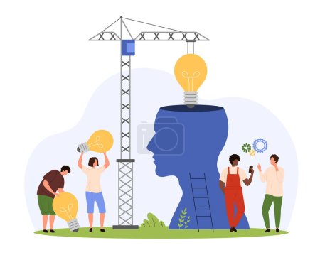 Illustration for Smart business, artificial intelligence for education and projects. Tiny people and construction crane install light bulb inside AI brain in abstract head silhouette cartoon vector illustration - Royalty Free Image