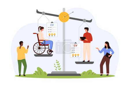 Discrimination of employee with disability and ableism, unequal career opportunity. Tiny people weighing professional skills on scales, inequality for woman in wheelchair cartoon vector illustration