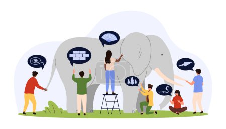 Different perception and viewpoint metaphor, parable story. Tiny blind people touch elephant on body parts with diverse experience and impression, subjective judgment cartoon vector illustration