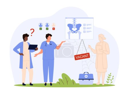 Urgent problem of staff shortage among medical workers in hospital. Tiny doctors standing with silhouette of wanted colleague, cobwebs on first aid box and Vacant text cartoon vector illustration