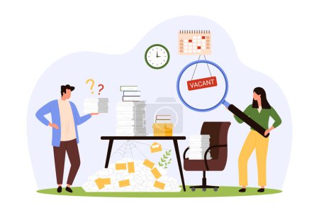 Illustration for Employees shortage for office job. Tiny people with magnifying glass search talent candidate for work with unorganized official paper documents and messy pile on table cartoon vector illustration - Royalty Free Image