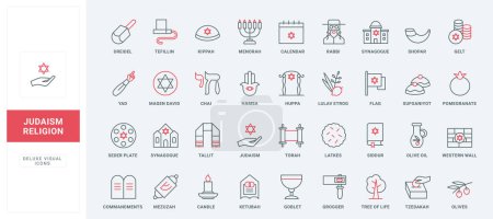 Judaism religion line icons set. Jewish identity objects and religious items, food and calendar for religious holidays and festivals, thin black and red symbols collection vector illustration