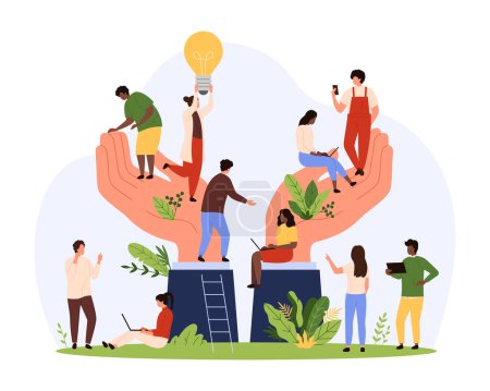 Support and care for benefits and wellbeing of employees from corporate leader. Giant hands of employer hold tiny people and plant leaves, protect office workers and staff cartoon vector illustration