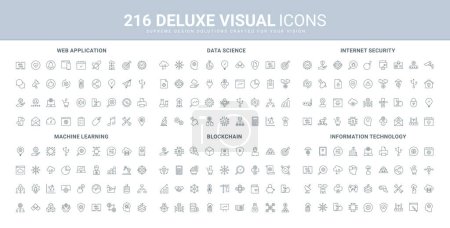 Data protection and machine learning, blockchain, internet technology line icon set. Support of science startup, cloud information and coding, crypto marketplace thin black symbols vector illustration