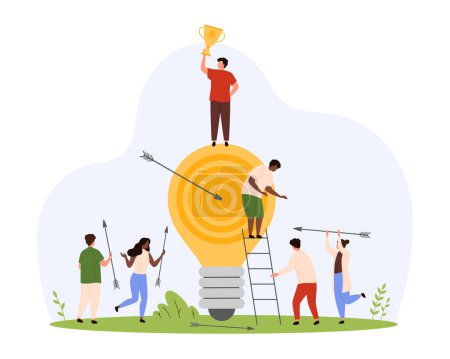 Development of creative thinking and imagination, vision of success goals and innovation solutions. Tiny people develop smart digital project, hit target with arrows cartoon vector illustration