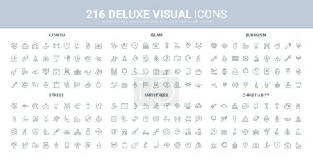 Religion of world, mental health and stress management line icons set. Christianity, Islam and Judaism religious thin black outline symbols, conflict attack, mentoring and yoga vector illustration