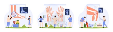 Diagnose und Behandlung von Arthrose, rheumatoider Arthritis, rheumatologischem Set. Winzige Menschen mit Lupe untersuchen Röntgenbilder von Fußgelenken, Knie und Handgelenk von Patienten mit Cartoon-Vektorillustration