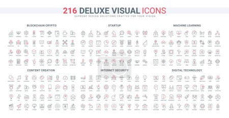 Illustration for AI technology and data protection, blockchain line icons set. Connection support and security, online blogging and vlogging, smart home and robot thin black and red outline symbols vector illustration - Royalty Free Image