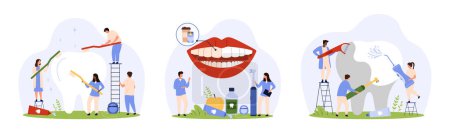 Teeth whitening in dental clinic and home hygiene set. Tiny people brush tooth with toothpaste, use electric toothbrush and irrigator for healthy shiny cleanliness cartoon vector illustration