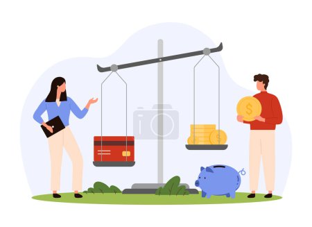 Bank loan account, financial balance, convenience of earnings and payments. Tiny people compare credit card and pile of gold cash money on libra scales, planning budget cartoon vector illustration
