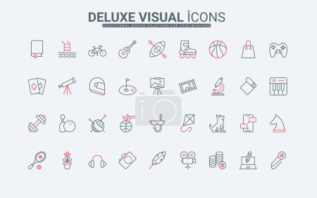Hobby, games and leisure line icons set. Symbols of music karaoke and craft sewing, video and photo camera, sport ball and bike, writing and chess thin black and red outline vector illustration