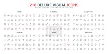 Buddhism and Christianity, Islam and Judaism, mental health line icons set. Religious ritual services and holidays, temple mosque and church thin black and red outline symbols vector illustration