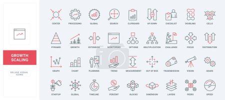 Illustration for Scaling arrows line icons set. Mobile app tools to maximize and minimize, change size and direction, schemas, data search and processing thin black and red outline symbols vector illustration - Royalty Free Image