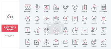 Bank investment, stock exchange trade, finance profit risk and protection line icons set. Focus on monitoring ups and downs report in market thin black and red outline symbols vector illustration